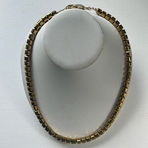 Gold hematite cube necklace. 22” long. Large brass and crystal lobster claw hook